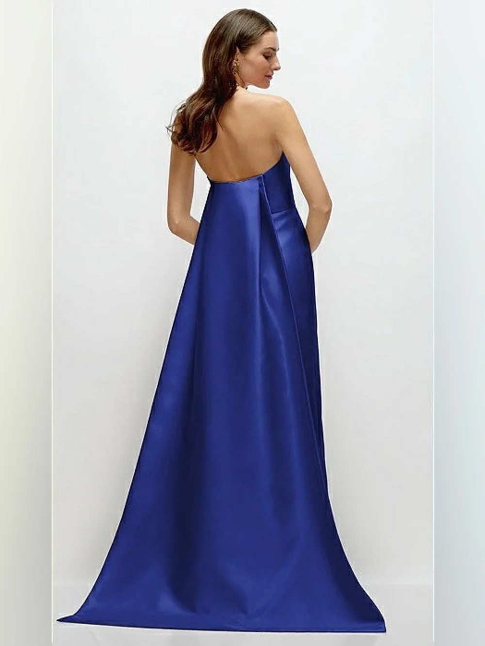 Alfred Sung Strapless Satin Column Dress Removable Watteau Train Cobalt Blue - Picture 3 of 8